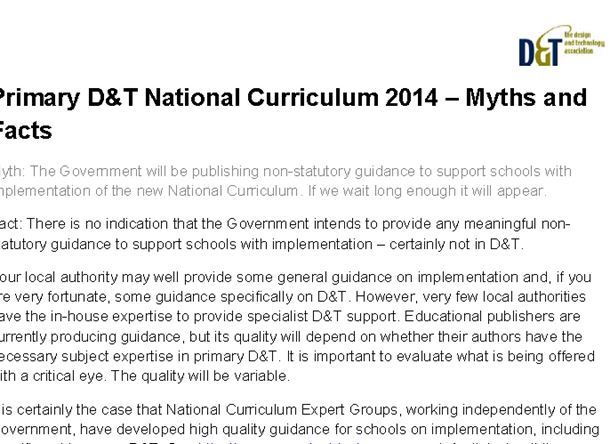 Primary D&T National Curriculum 2014 – Myths and Facts